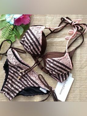 Bikini Set - Pink Lace & Brown Stripe Layered Women’s Swim from Japan